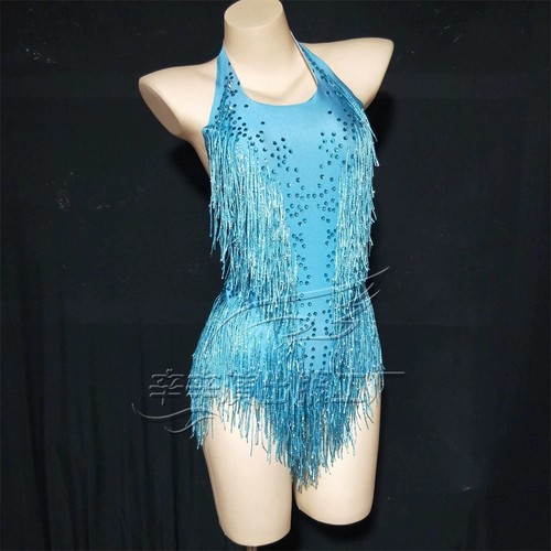 Quasten Ärmellos Neckholder Sexy Kostüm Damen Einteiler Strass Latein Tanz