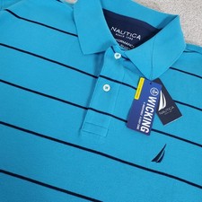 Nautica Men's Polo Shirt Teal Blue Stripe Short Sleeve Size Large NWTGS