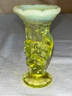 Fenton Glass Co Vaseline/Uranium Opalescent Miniature Hand Bud Vase Novelty-MCM