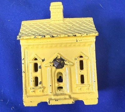 Vintage Cast Iron House Still Bank Yellow Painted 3  Coin Bank