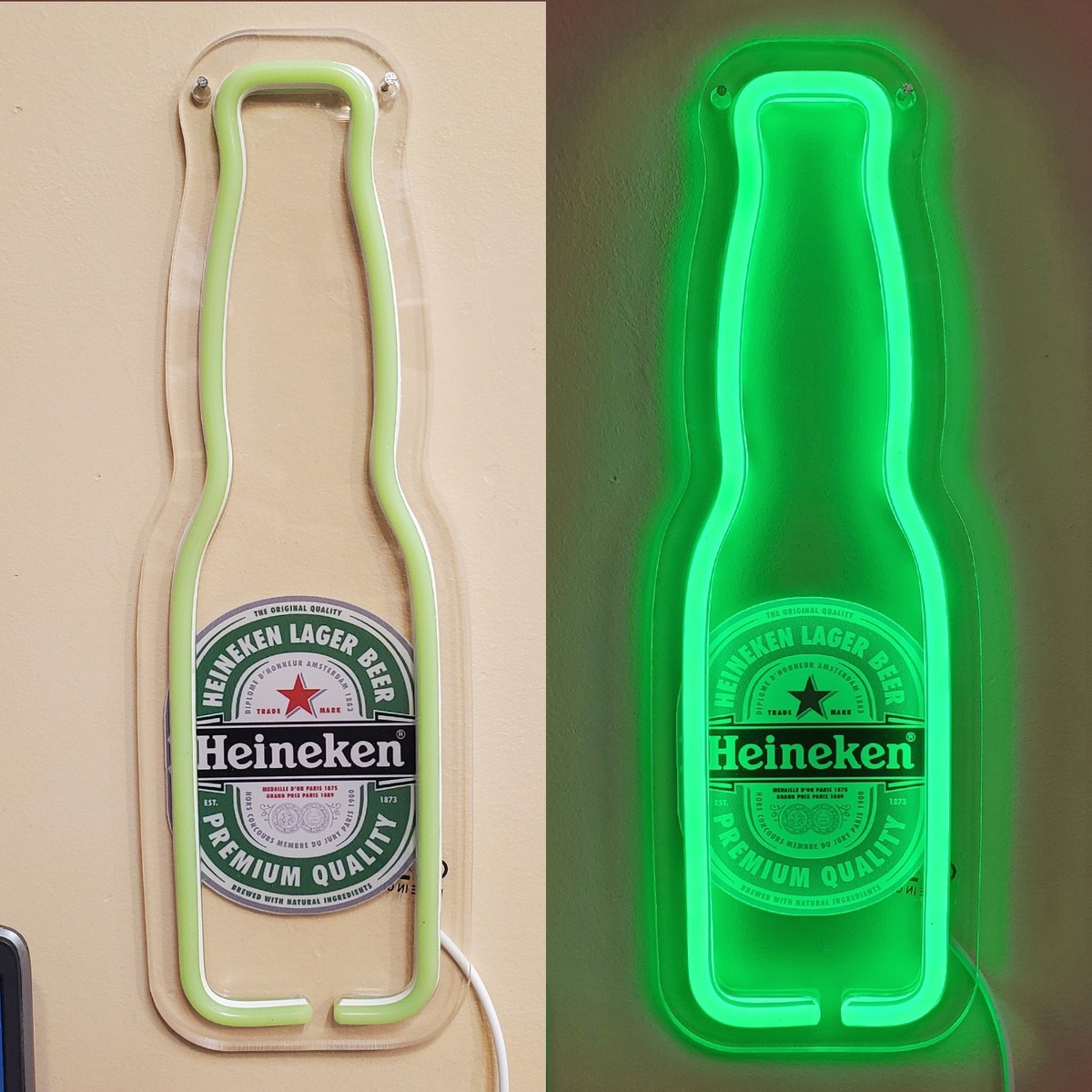 Heineken neon LED wall sign - oversized beer bottle design - beer