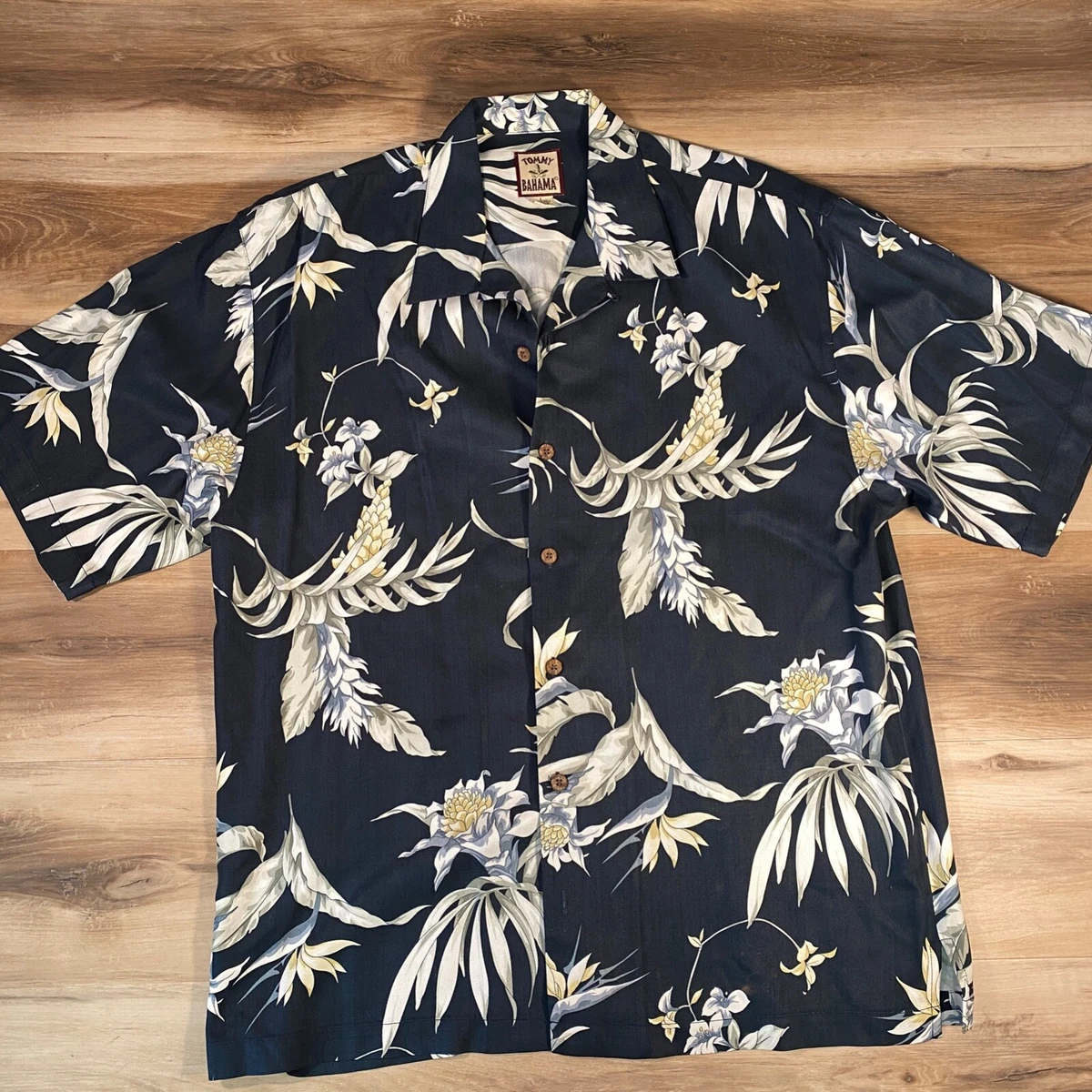 Tommy Bahama Shirt Mens Large Silk Floral Print Short Sleeve Blue