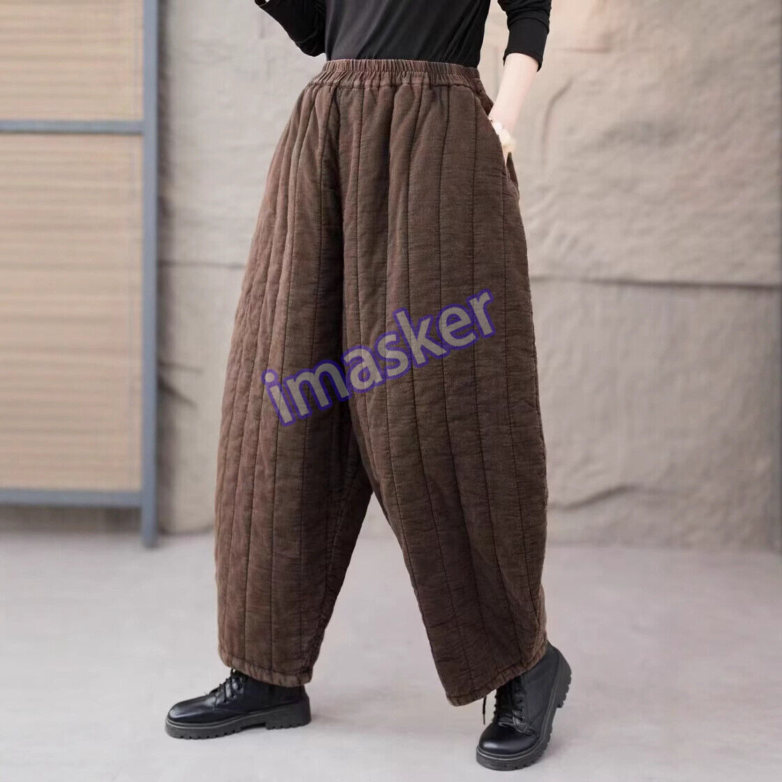 Retro Style Women Harem Pants Loose Fit Cotton Linen Quilted Ankle Length Padded