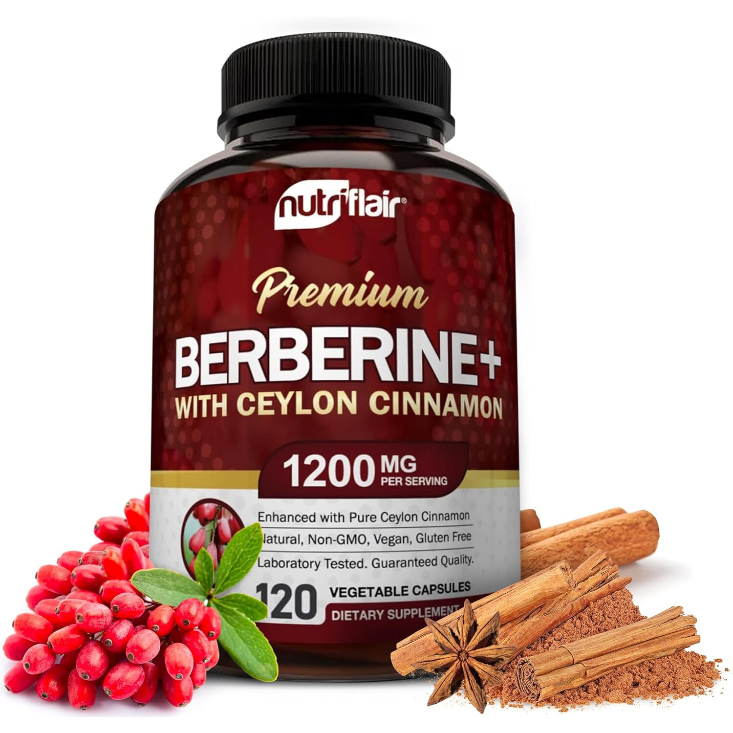 NutriFlair Premium Berberina HCL 1200mg Plus Ceilán Canela-Azúcar en la Sangre Soporte