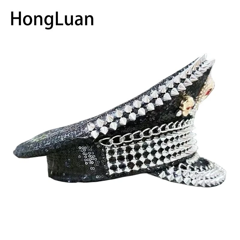 Festival Capitán Sombrero Blanco y Negro Tachonado Gema Lentejuelas Halloween Sombrero Calavera Foto 4 de 4