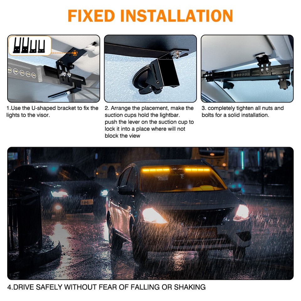 Xprite 2x Amber LED Visor Strobe Light Bar Windshield Deck Dash