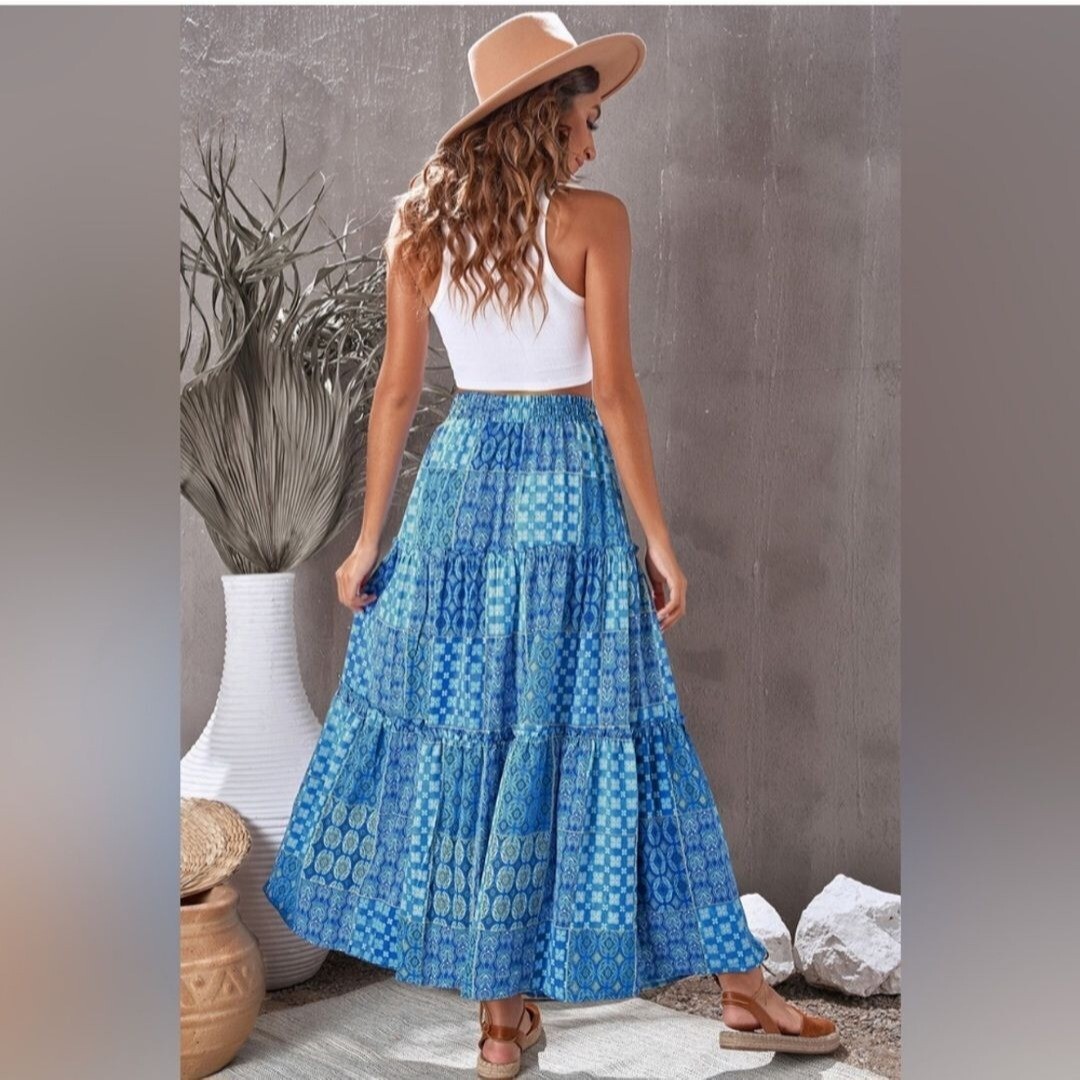 Blue Patchwork Elastic Waist Tiered Bohemian Maxi… - image 6