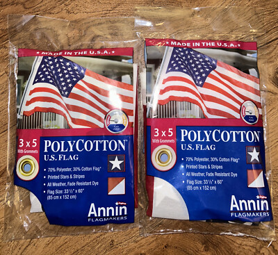 2x Annin Flagmakers PolyCotton U.S. Flag 3 X 5 with Grommets Made in USA Brand