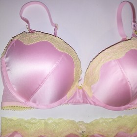 Victoria Secret Bra Set Tease Push Up Cheeky Panty Pink Yellow Lace Trim New