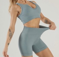 Seamless High Waist Compression Shorts  Sports Bra Set Sage / Coffee NEW ZZ 