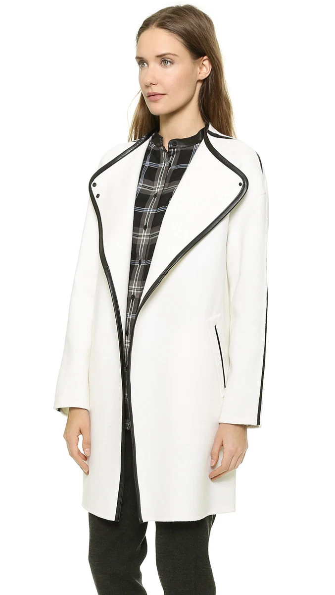 Leather trim top wool coat