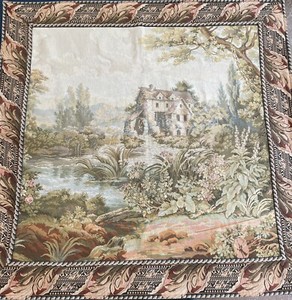 Vintage Lg Sq Romantic Mill House Tapestry Wall Art hanging French Gobelin 47x47
