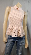 Lush Pink Peach Collar Sleevelss Peplum Sheer Blouse Shirt Top Womens SMALL USED