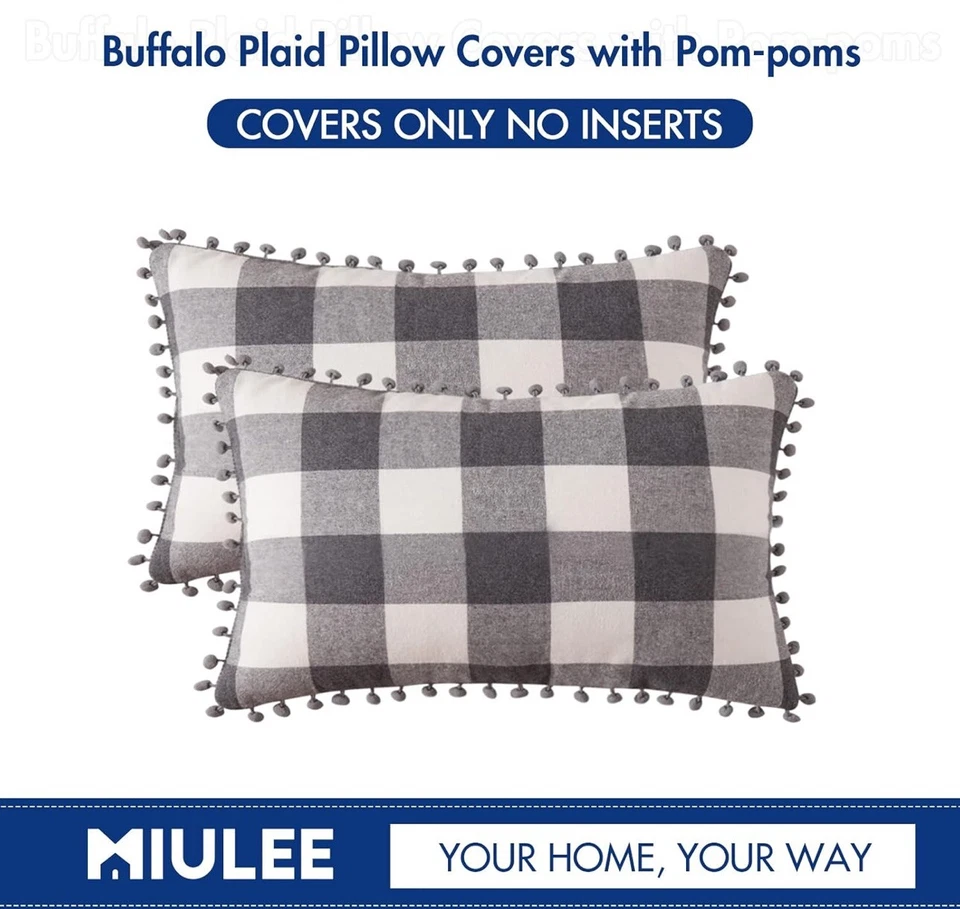 Set of 2 Buffalo Plaid Check Throw Pillow Covers 12"X20" Black and White - Image 3 of 3