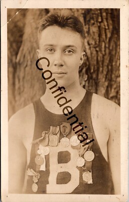 Real Photo 1911 Track Field Winner w/ Medals Hudson Terminal Sta. NY RPPC R327