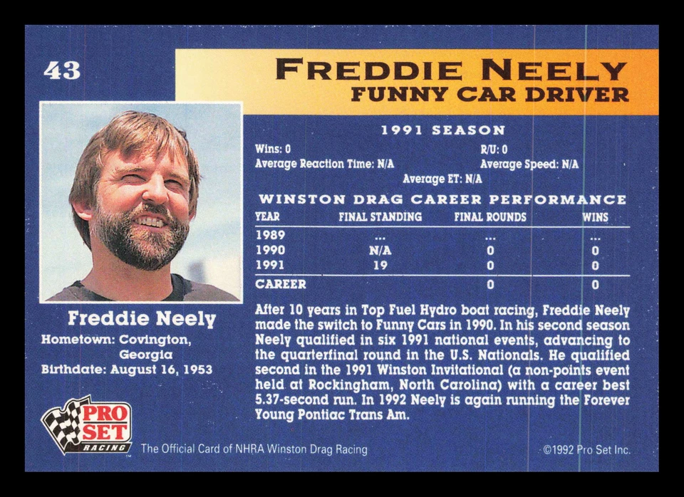 Freddie Neely #43 1992 Pro Set NHRA - Image 2 of 2