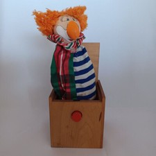WHIMSICAL VINTAGE ANTIQUE CLOWN JACK-IN-THE-BOX TOY APPROX 4.5" SQ SIGNED