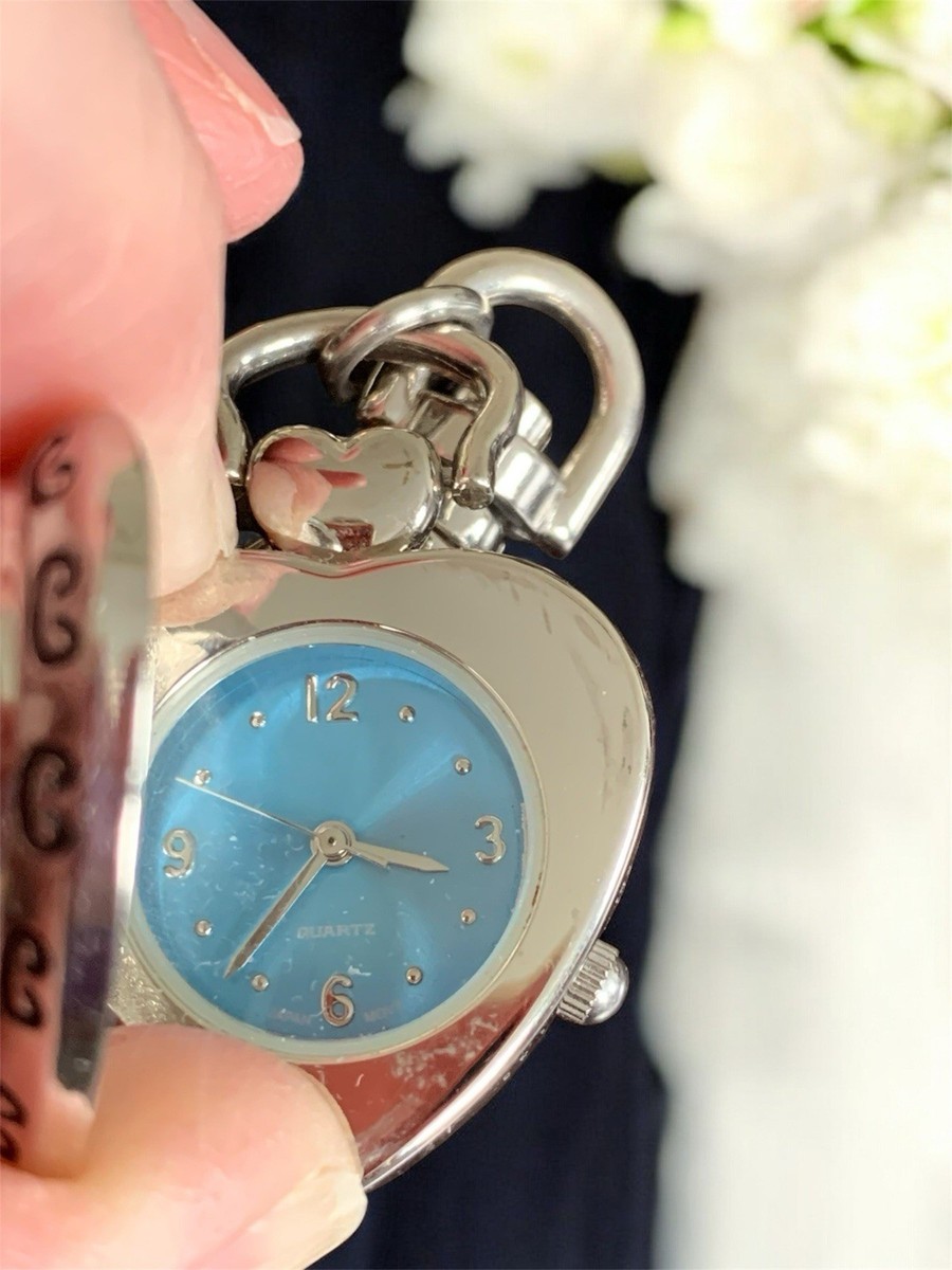 Pocket Keychain Watch Heart Shaped Hinged Silver Tone  display picture 3