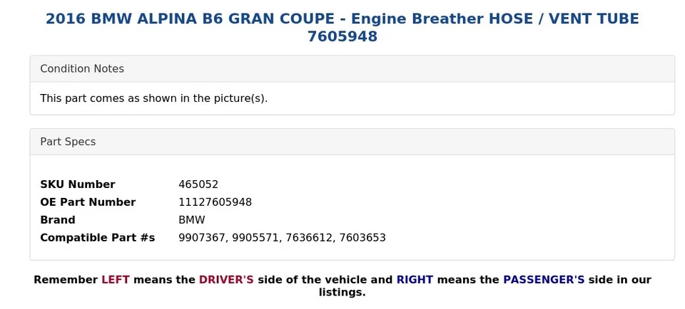 BMW ALPINA B6 2016 gran cupé - manguera respirador del motor/tubo de ventilación 7605948 Foto 3 de 3