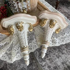 Pair Vintage Victorian Regency Mid Century Porcelain Sconce Shelves Baroque Gilt