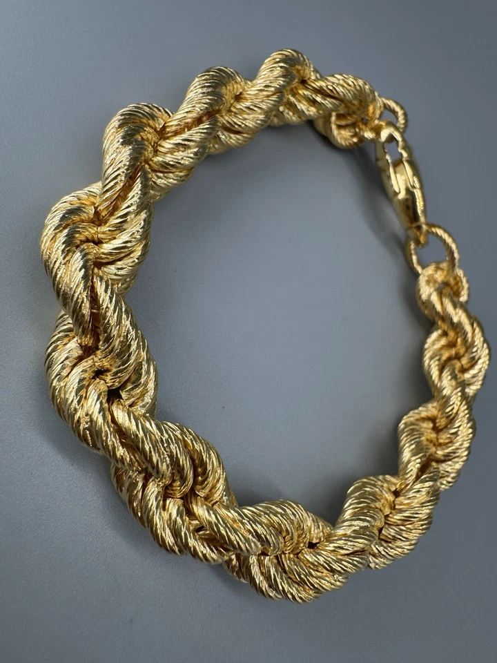 "Brazalete de cadena trenzada de cuerda ancha gruesa chapada en oro Milor Italia bronce 6,75""" Foto 2 de 4