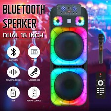 Dual 15" Woofer Portable FM Bluetooth Party Speaker PA Deep Bass Sound With Mic