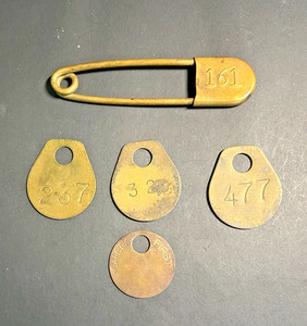 Lot of 4 Vtg Brass Coal Miner Safety Tags and 4 1/2" Brass Safety Pin