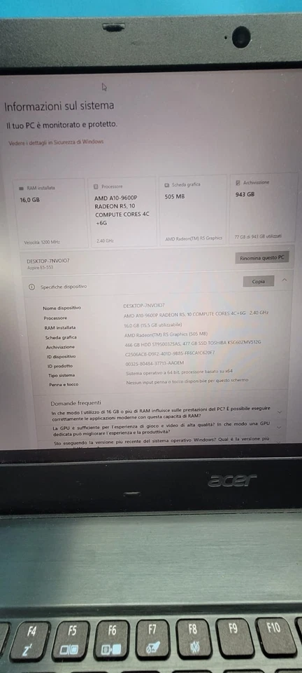 Notebook Portatile  15.6 /Acer /Quad Core/16GB/1TB/ Windows 10 - Immagine 3 di 4