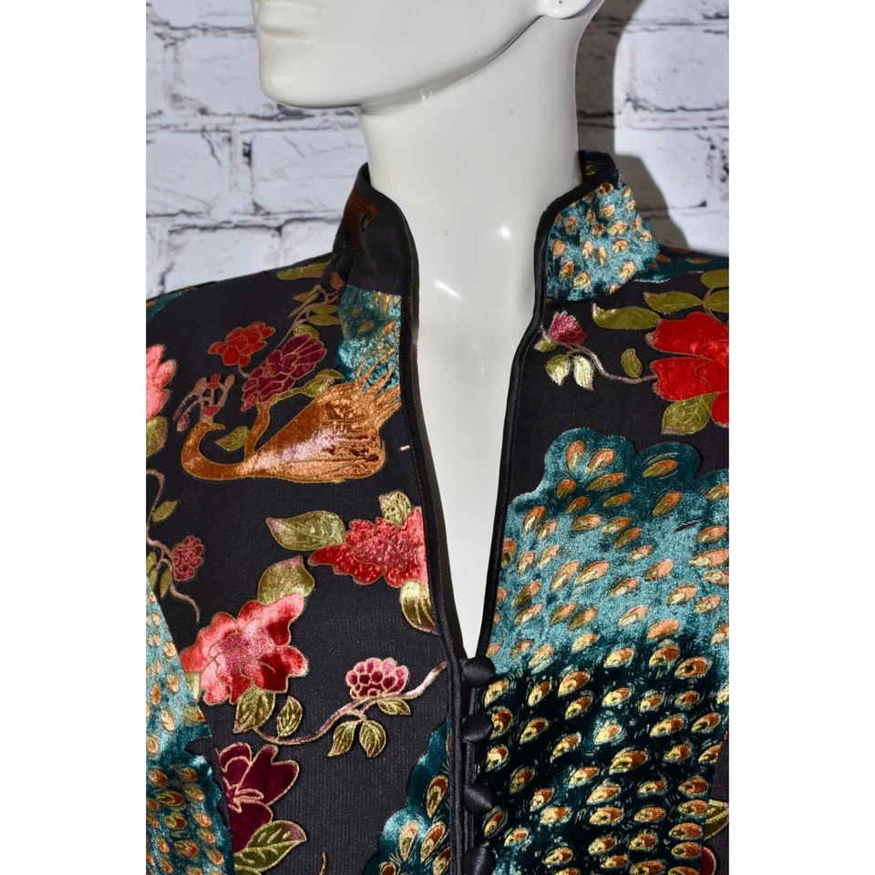 JS Collections Velvet Burnout Peacock Floral Asian Brocade Jacket Size 8 - Image 3 of 4