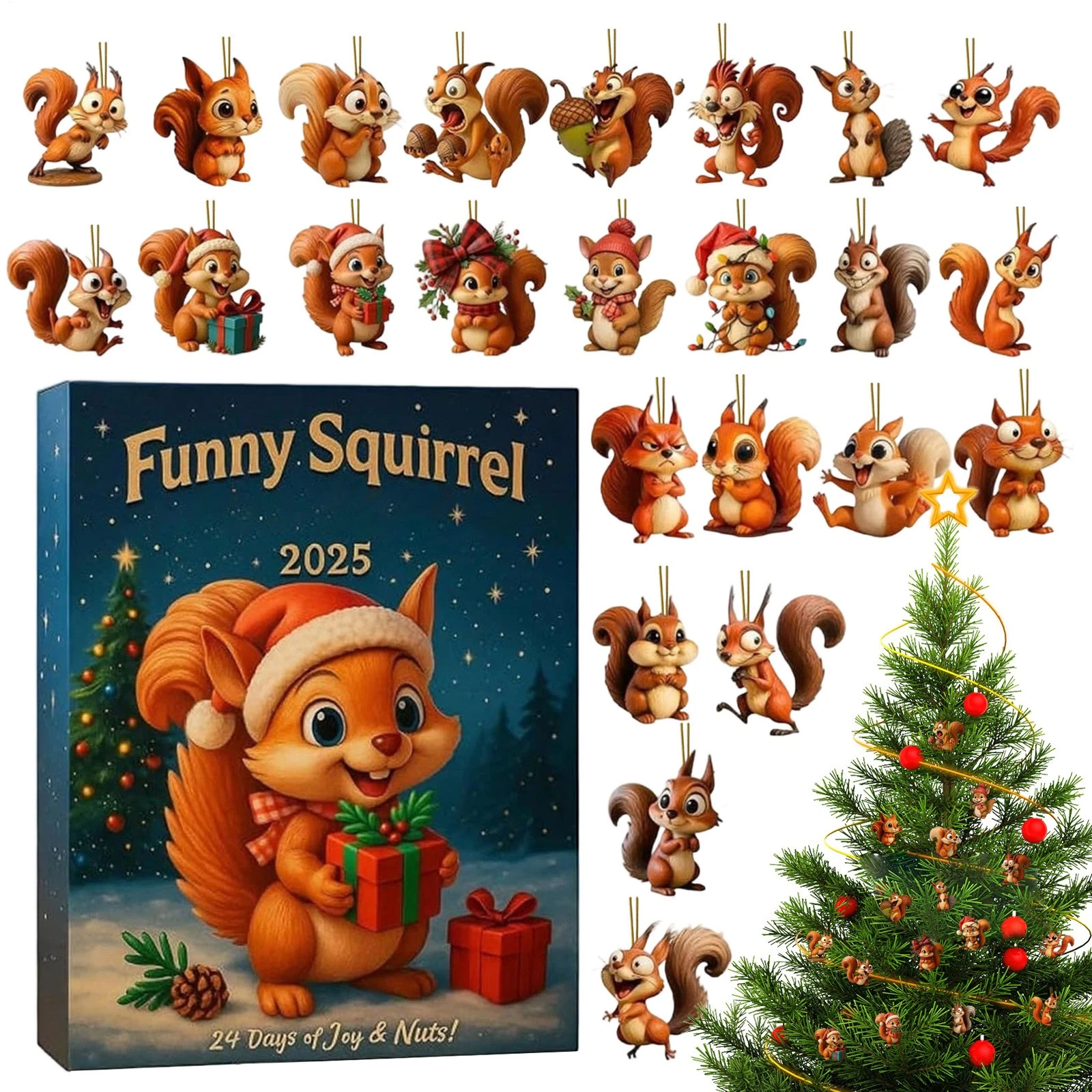 Christmas Countdown Funny Squirrel Advent Calendar 2025, 24 Days 2D Blind Boxes