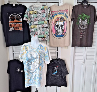 Lot Of 7 Weird T Shirts Skeleton, Liquid Blue, Blues Brothers Sz L-XL, 1 Small