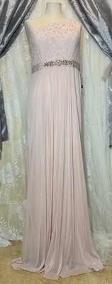 Adriana Papell One Shoulder Blush Pink Chiffon w/ Lace Bodice Maxi SZ 12