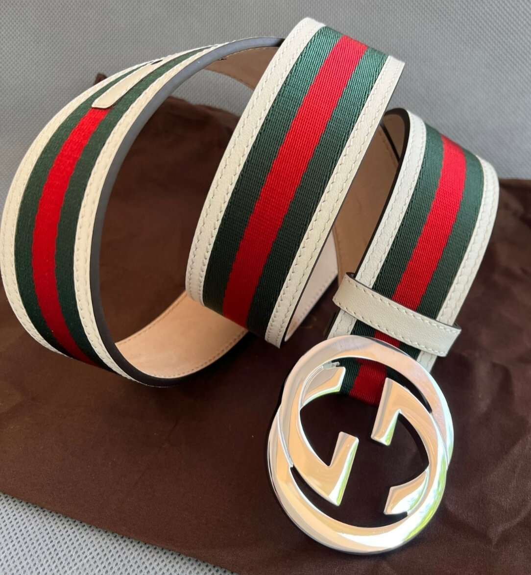 Gucci GG Interlocking Red Green White Stripe Leather Belt Size 95