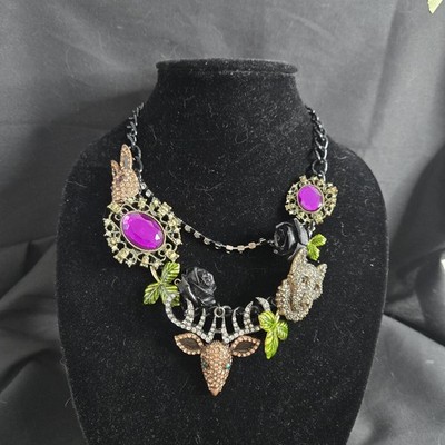 Betsey Johnson Dark Forest Statement Necklace Wolf Deer Rabbit Rhinestone Punk