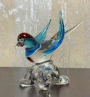 Vintage ICET Murano Style Art Glass Bird Figurine Blue Wings Clear Base Venezuel