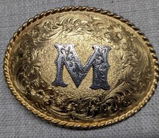 vintage WESTERN belt buckle "M" golden ENGRAVED brass bronze COWBOY rodeo