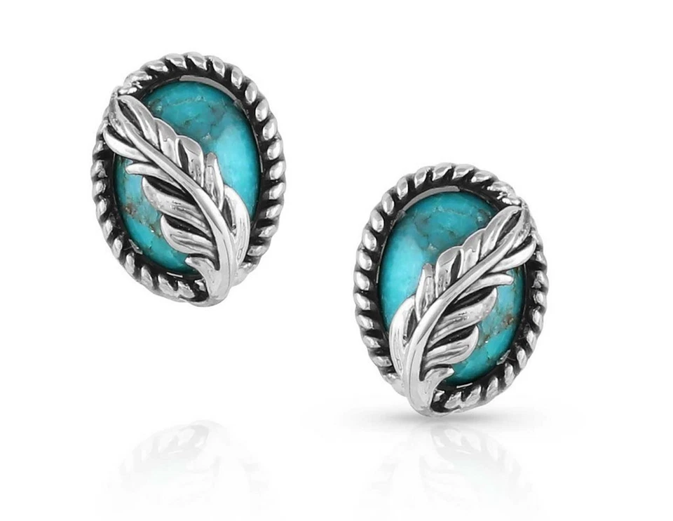 Montana Silversmiths Turquoise Feather Oval Stud Earrings ER5375 New In Box - Image 2 of 4