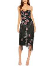 Mac Duggal Floral-Embossed Fringed Strapless Midi Dress Women's Black 10