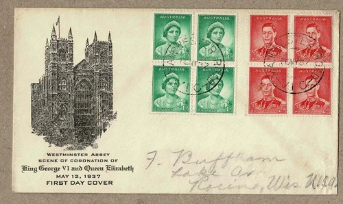 Australia 1937  Unknown Coronation FDC Cover in Block 4 cd Manchester Road VIC