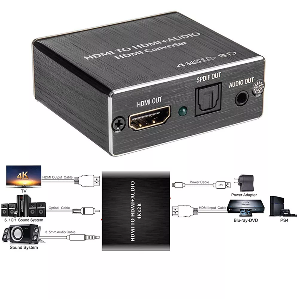 4K * 2K HDMI Stereo Audio Extractor Converter HDMI to HDMI + Optical SPDIF  3.5mm