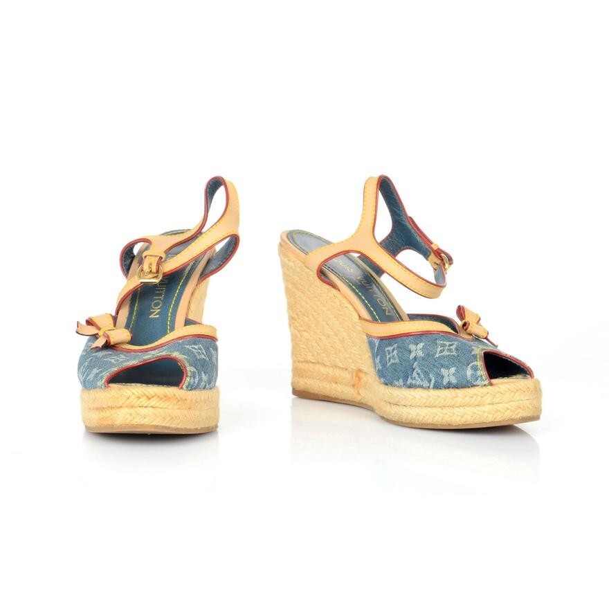 Louis Vuitton デニムエスパドリーユサンダル Louis Vuitton Blue Denim Espradrille wedges with Tan leathet trim