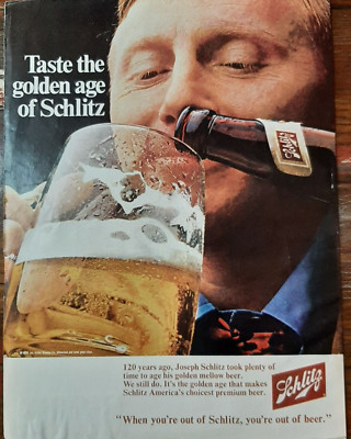 1969 Schlitz Vintage Print Ad Beer Premium Bottle Mug Froth Golden Mellow Pour