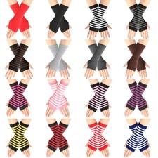 Striped Knit Long Fingerless Mittens Warmer Gloves Wrist Arm Sleeve Elbow Women