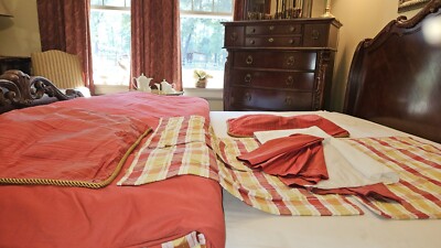 Custom Made Cotton Silk Queen Duvet Bed in Bag  Brick Red Gold Plaid 6 Pc EUC!!