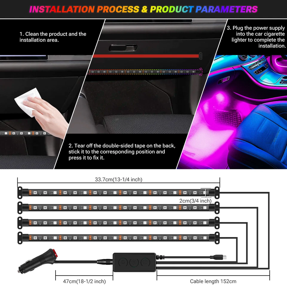 For Hyundai Elantra 72 LED Car Interior Atmosphere Strips RGB Lights Floor Decor - Image 2 of 4