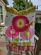 Welcome Spring Flowers  Butterflies Polyester House Hanging Flag Banner 29"x42"