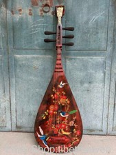 46" China Wood Lacquerware Bird Flower Pattern Guzheng Musical Instrument Statue