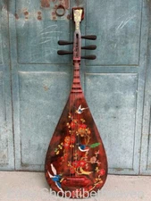 46" China Wood Lacquerware Bird Flower Pattern Guzheng Musical Instrument Statue