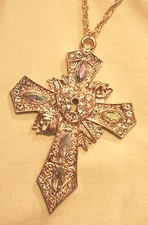 Gorgeous LRG White Rhinestone Key to My Heart Goldtone Pectoral Cross Necklace