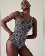 Athleta Seychelles One Piece V Neck Quick Drying Swimsuit Black Patterned M NWT